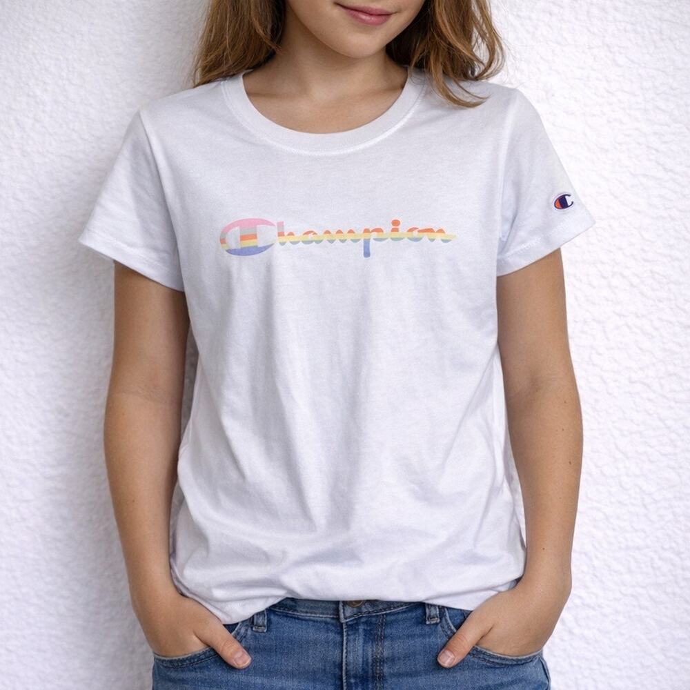 Champion White Rainbow Logo Tee Short Sleeve Graphic T Shirt Sz XL Girls NWT
